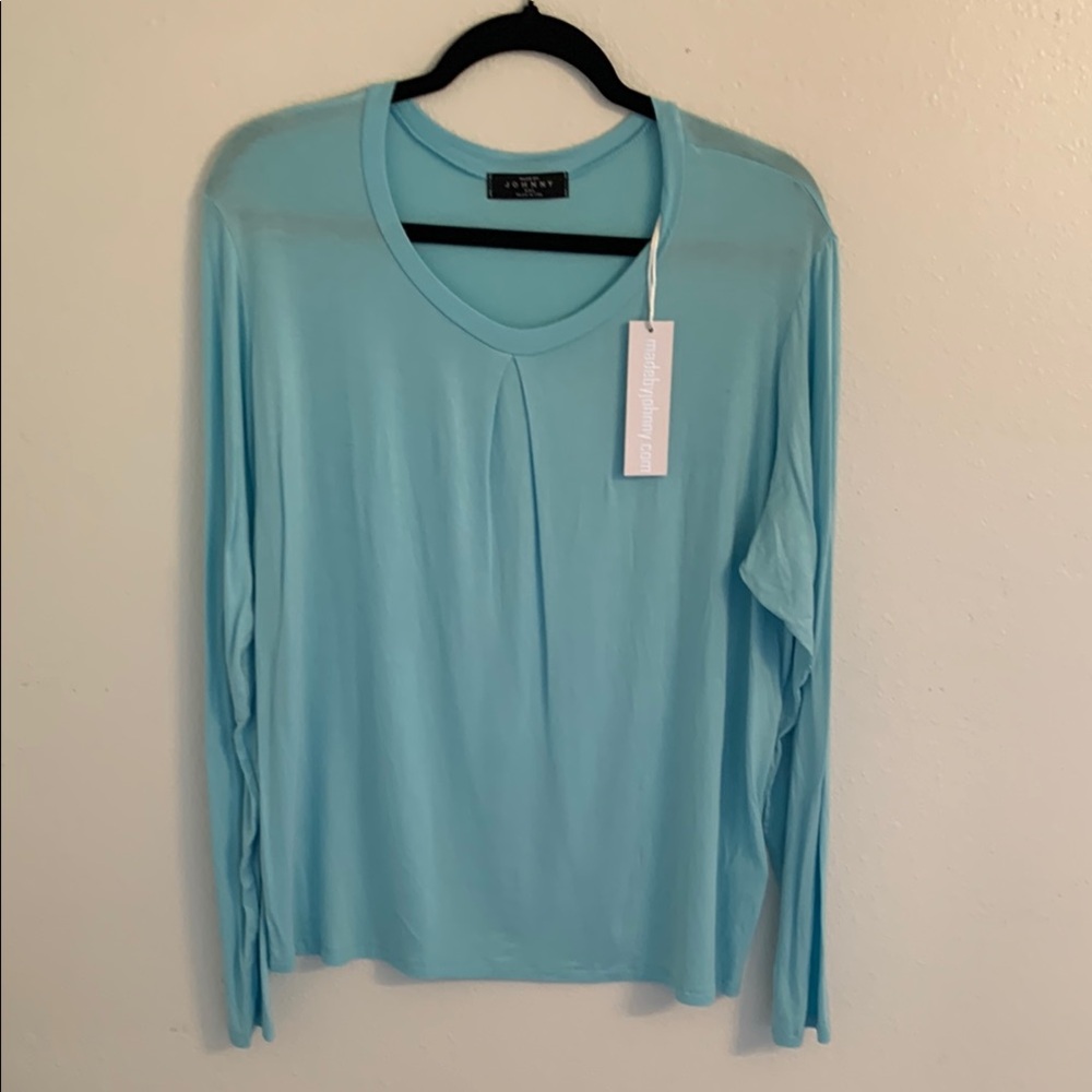 Made by Johnny Turquoise Blue Pleated Long Sleeve Tee Shirt NWT Size XXL